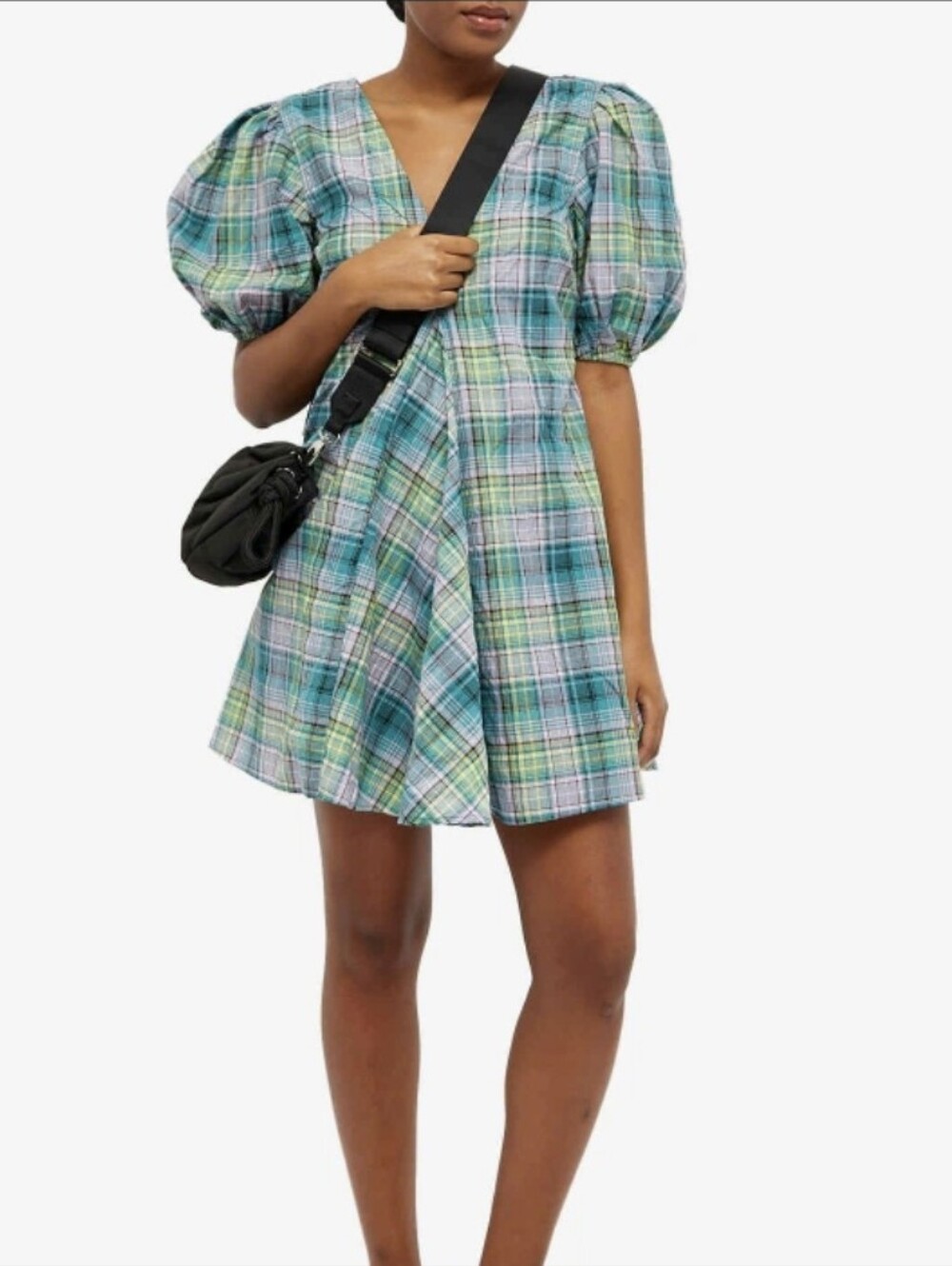 GANNI Babydoll Green Pink Seersucker Check V-Neck Mini Dress (Size EU 34/XS)
